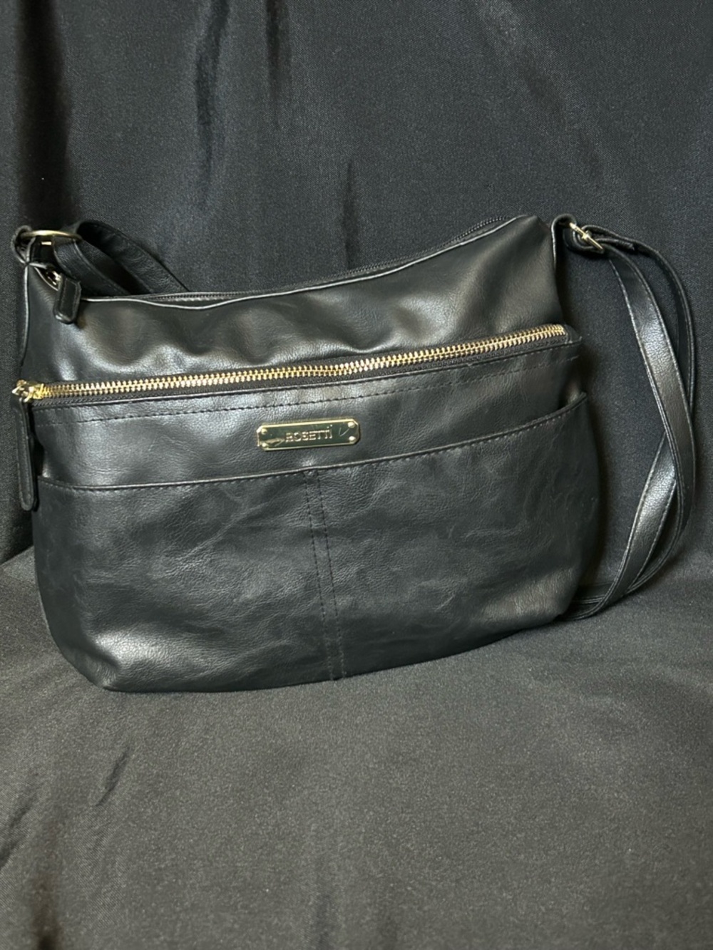 Rosetti Black Leather Shoulder Bag with Gold Hardware